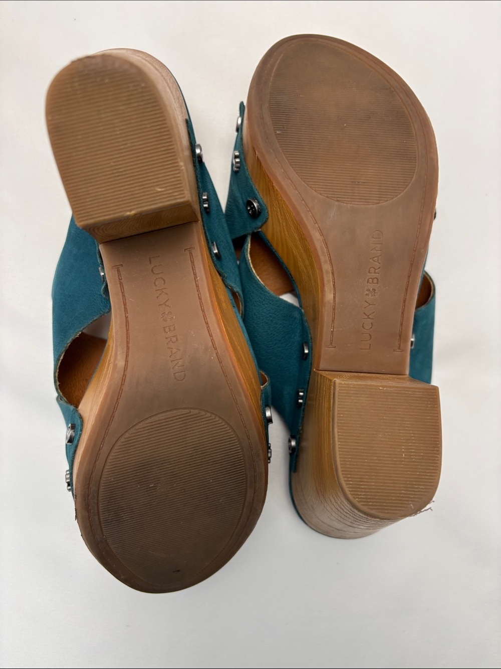 Lucky Brand Women’s 6 Teal Crisscross Leather Platform Mules #355 - Picture 11 of 12